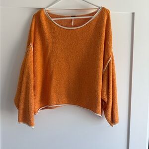 Free People Orange Scoop-Neck Relaxed Knit Sweater with Cream Trim